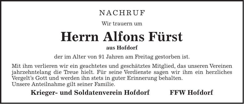 Traueranzeige Alfons Fürst
