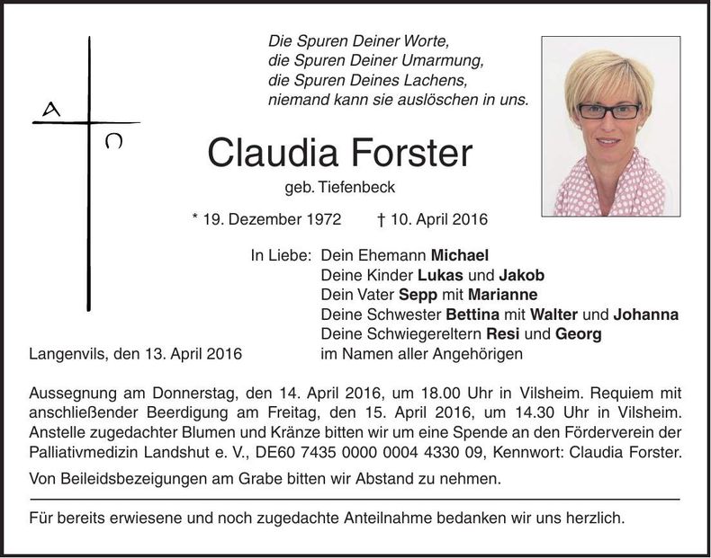 Traueranzeige Claudia Forster