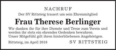 Traueranzeige Therese Berlinger