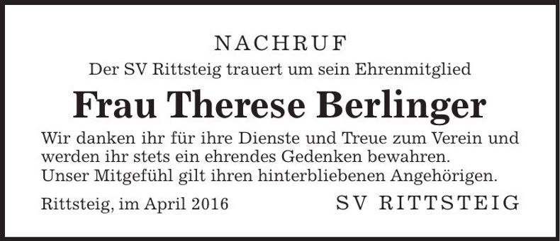 Traueranzeige Therese Berlinger
