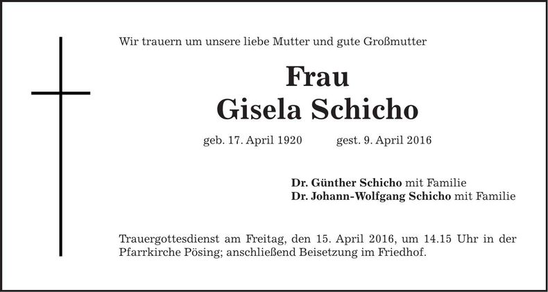 Traueranzeige Gisela Schicho