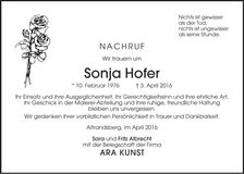 Traueranzeige Sonja Hofer