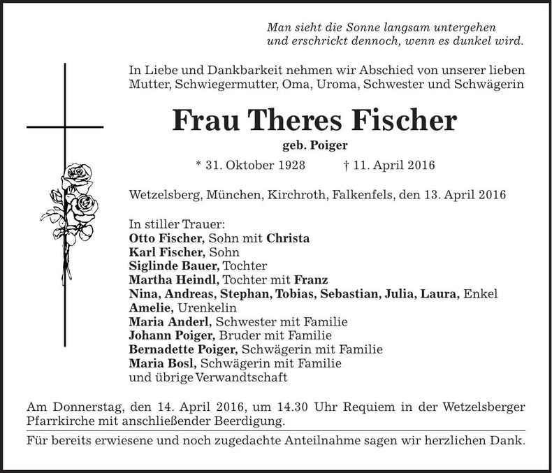Traueranzeige Theres Fischer
