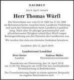 Traueranzeige Thomas Würfl