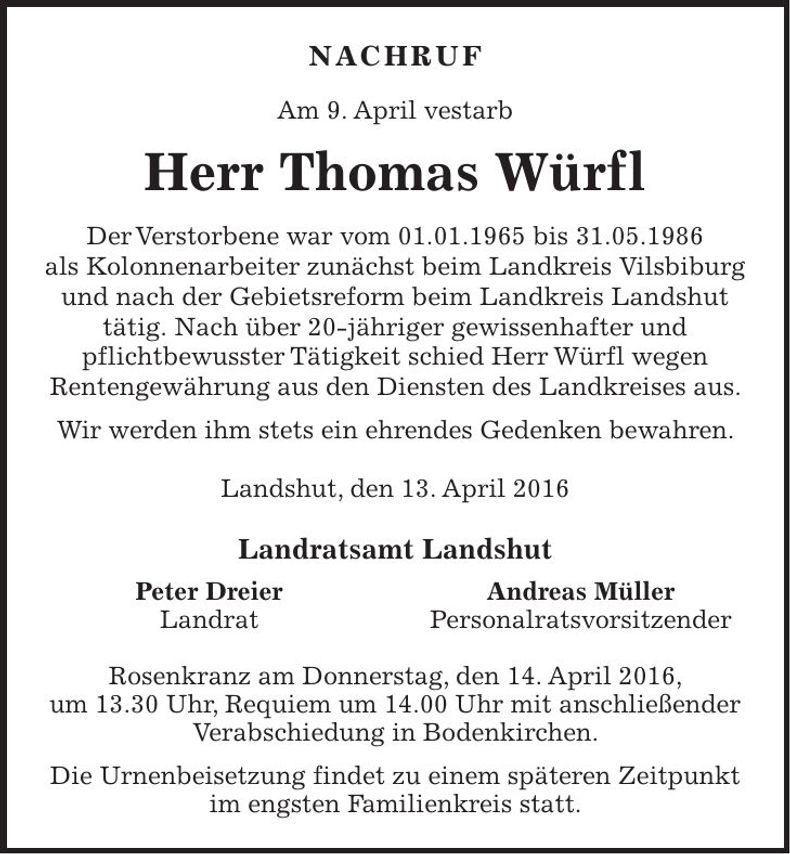 Traueranzeige Thomas Würfl