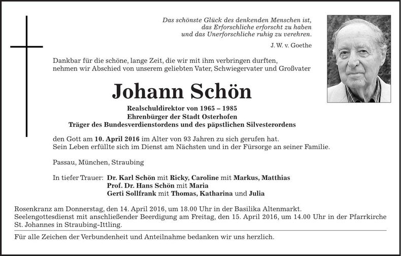 Traueranzeige Johann Schön