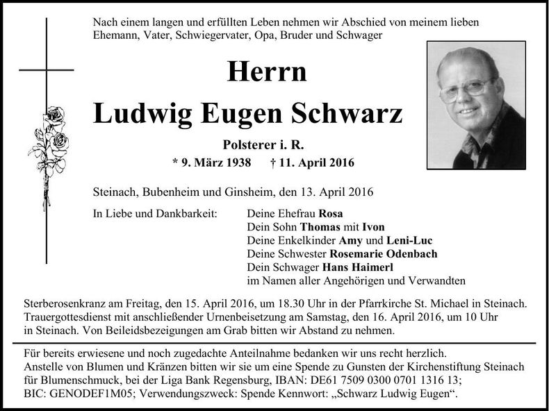 Traueranzeige Ludwig Eugen Schwarz