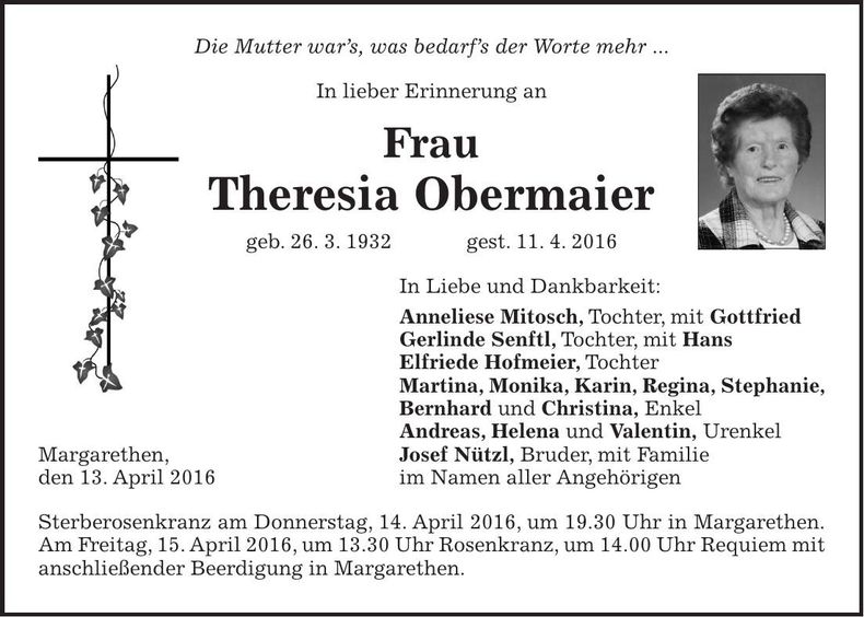 Traueranzeige Theresia Obermaier