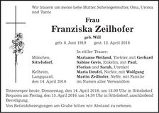 Traueranzeige Franziska Zeilhofer