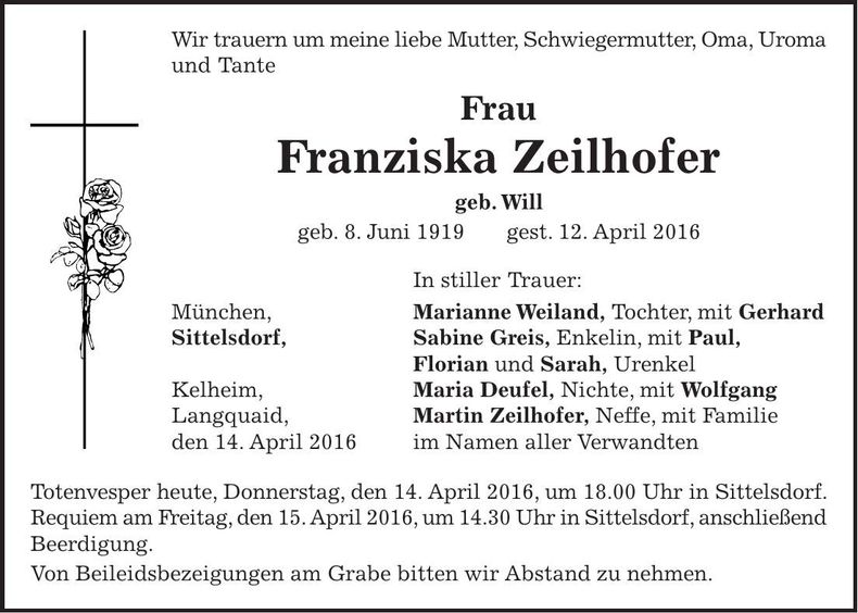 Traueranzeige Franziska Zeilhofer