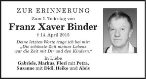 Traueranzeige Franz Xaver Binder