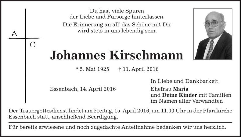 Traueranzeige Johannes Kirschmann