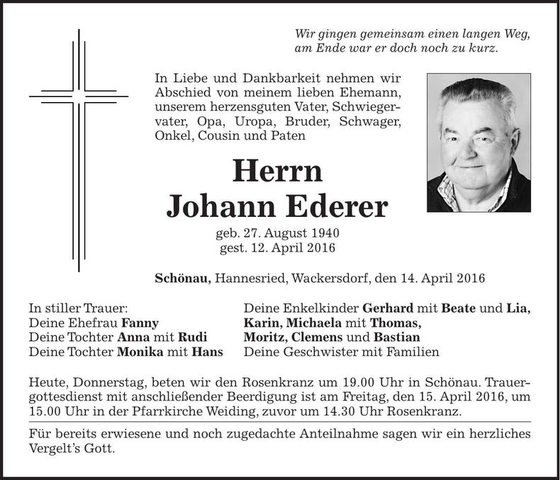 Traueranzeige Johann Ederer