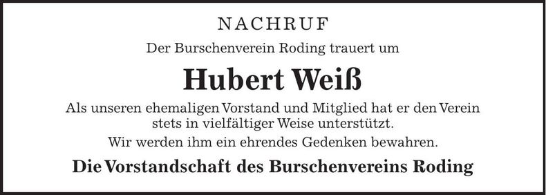 Traueranzeige Hubert Weiß