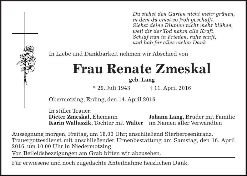 Traueranzeige Renate Zmeskal