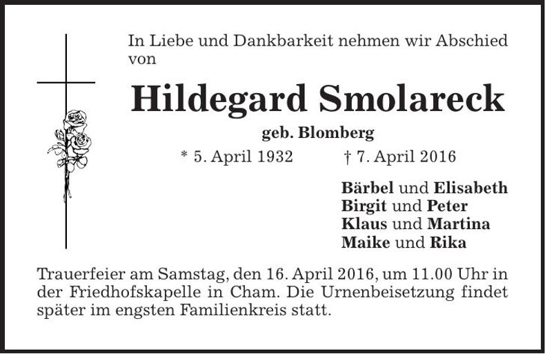 Traueranzeige Hildegard Smolareck