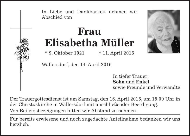Traueranzeige Elisabetha Müller