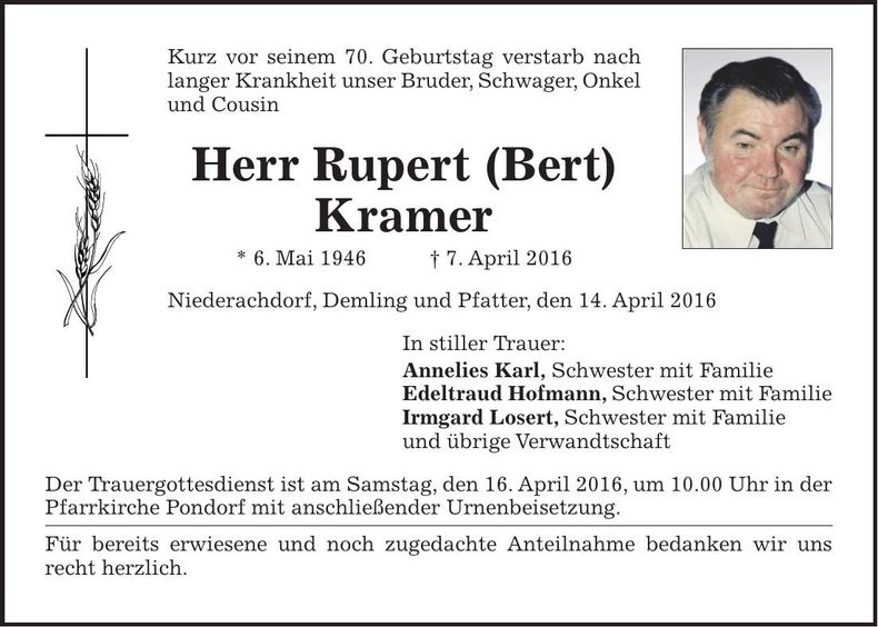 Traueranzeige Rupert Kramer