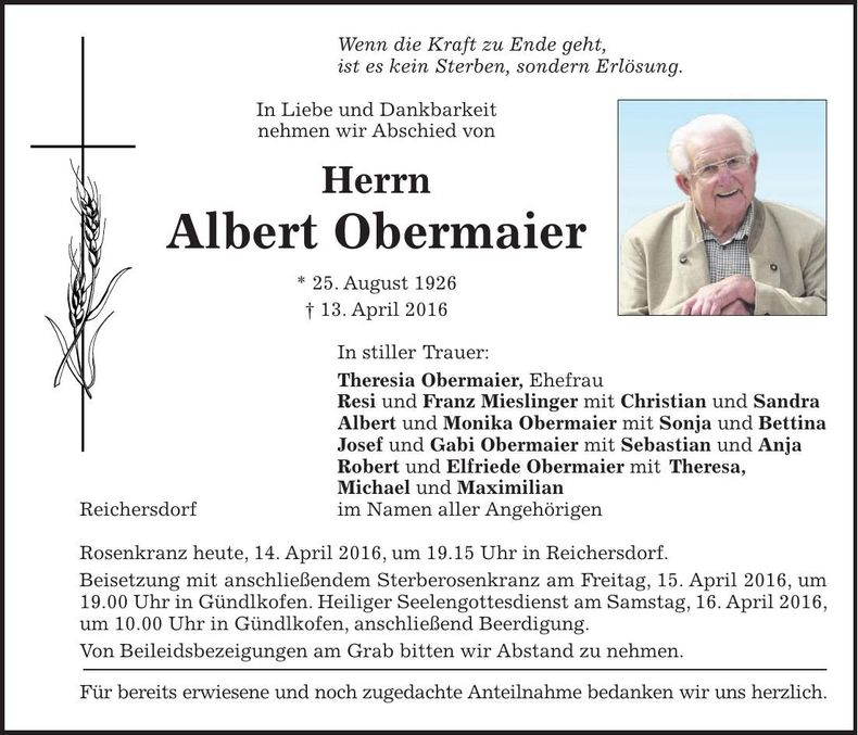 Traueranzeige Albert Obermaier
