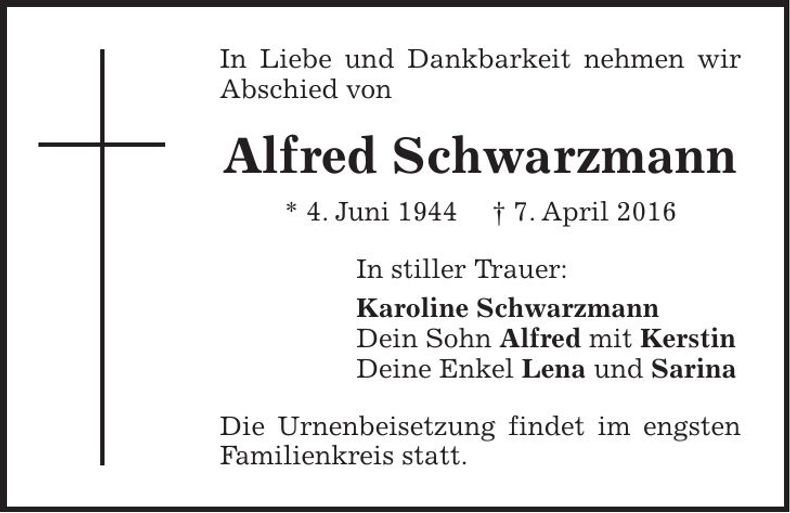 Traueranzeige Alfred Schwarzmann