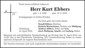 Traueranzeige Kurt Ebbers