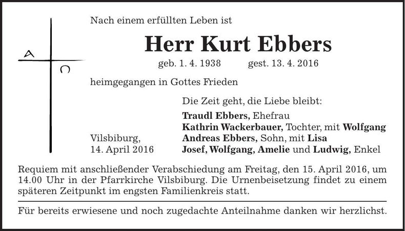 Traueranzeige Kurt Ebbers