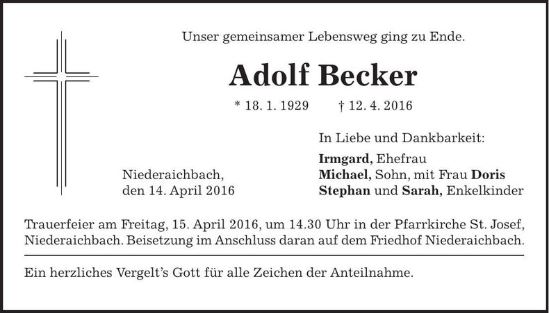 Traueranzeige Adolf Becker