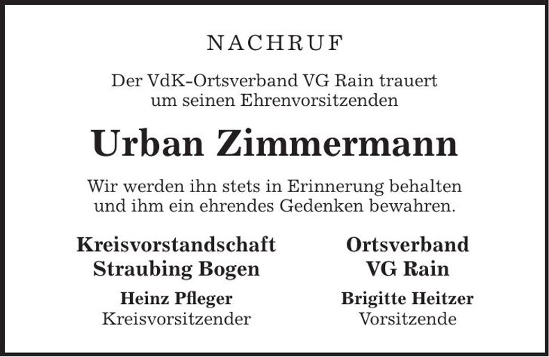 Traueranzeige Zimmermann Urban