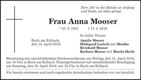 Traueranzeige Anna Mooser