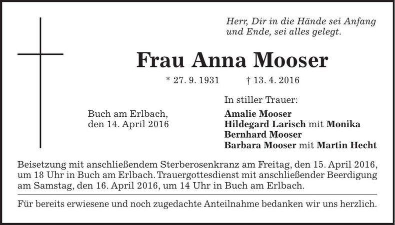 Traueranzeige Anna Mooser