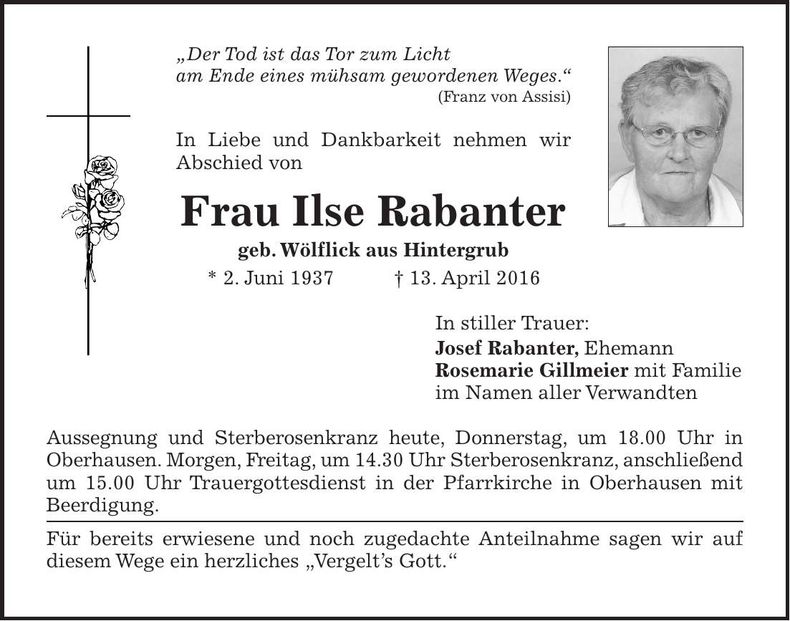 Traueranzeige Ilse Rabanter