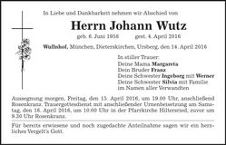 Traueranzeige Johann Wutz
