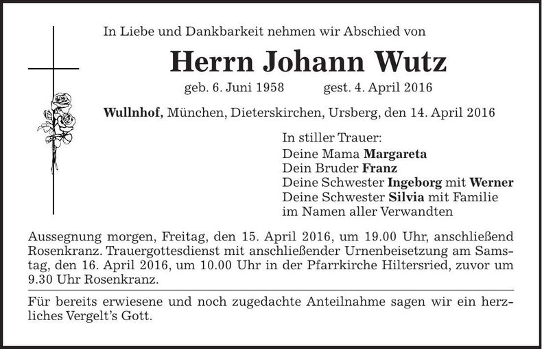 Traueranzeige Johann Wutz