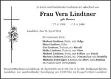 Traueranzeige Vera Lindtner