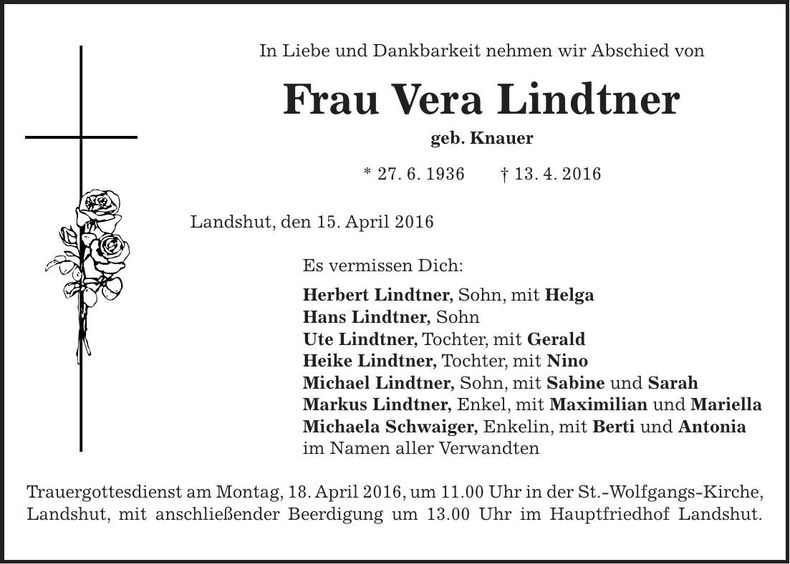 Traueranzeige Vera Lindtner