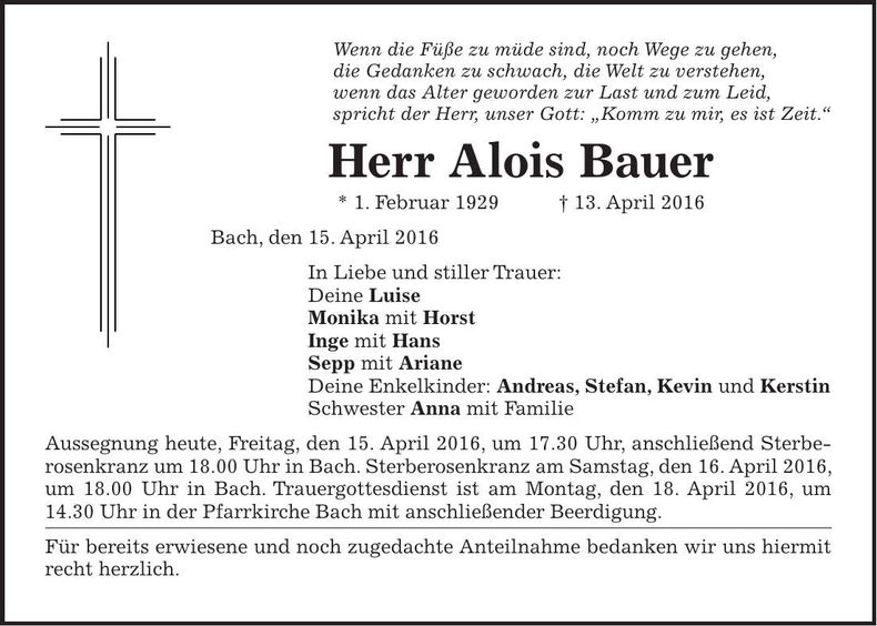 Traueranzeige Alois Bauer