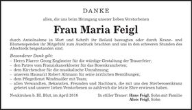 Traueranzeige Maria Feigl