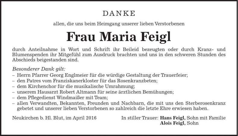 Traueranzeige Maria Feigl