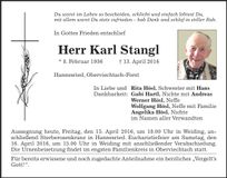 Traueranzeige Karl Stangl