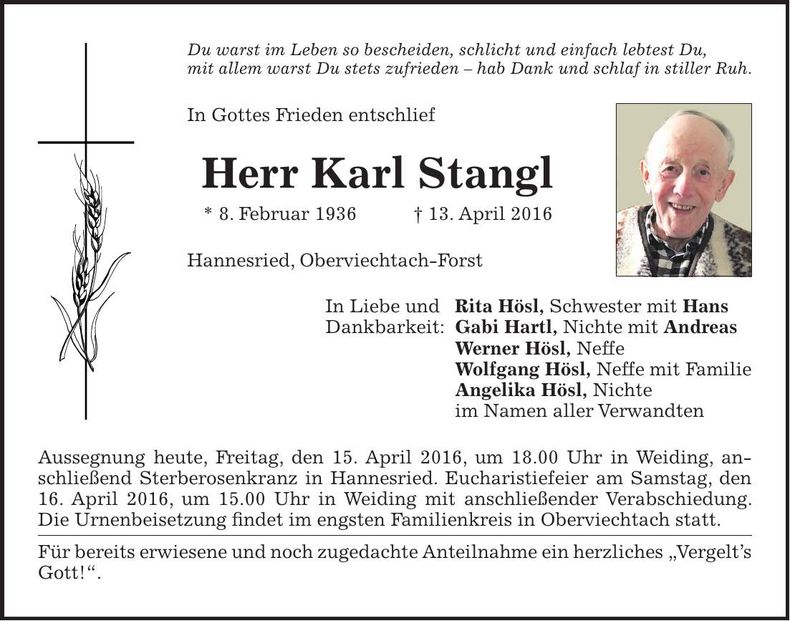 Traueranzeige Karl Stangl