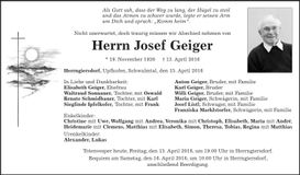 Traueranzeige Josef Geiger