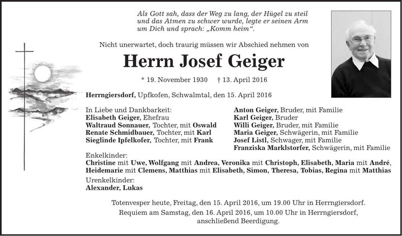 Traueranzeige Josef Geiger