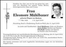 Traueranzeige Eleonore Mühlbauer