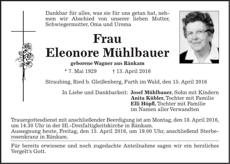Traueranzeige Eleonore Mühlbauer