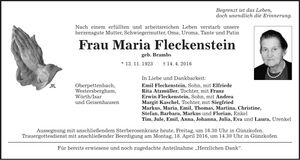 Traueranzeige Maria Fleckenstein
