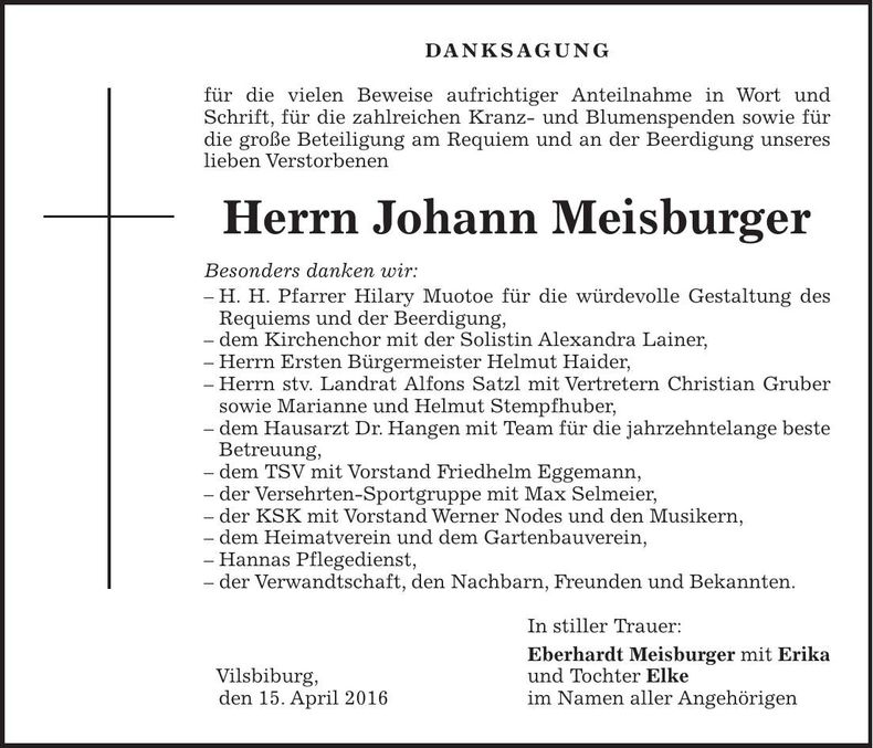 Traueranzeige Johann Meisburger