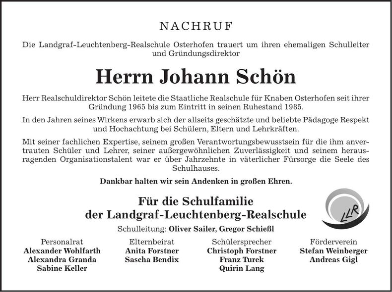 Traueranzeige Johann Schön