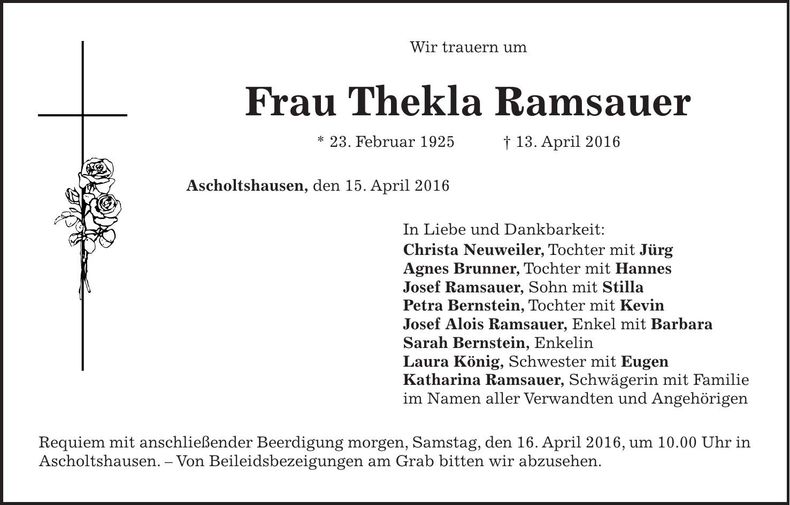Traueranzeige Thekla Ramsauer