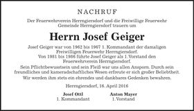 Traueranzeige Josef Geiger