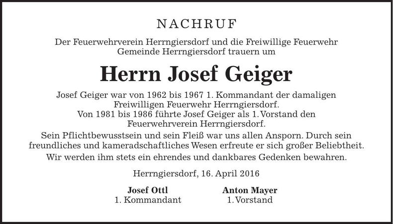 Traueranzeige Josef Geiger